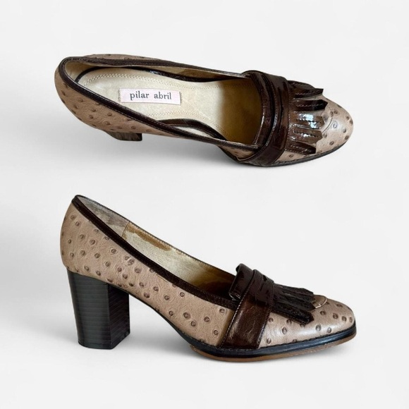 Pilar Abril Brown ostrich leather fring block heel loafers - Picture 3 of 8